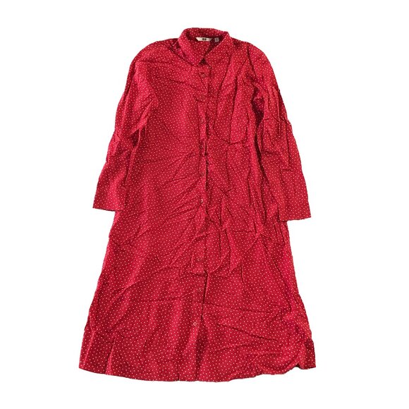 Uniqlo Dress Womens Sz XS Red and White Dots Midi Long Sleeve Button Front Shirt - Picture 2 of 9
